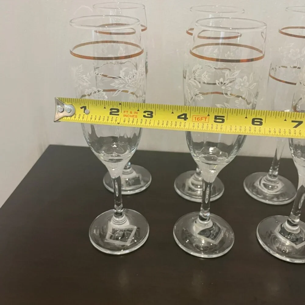 CICLE WARE SET OF 6‎ CHAMPAGNE FLUTES DUTCHES GOLD RIM FLORAL MADE IN TURKEY
